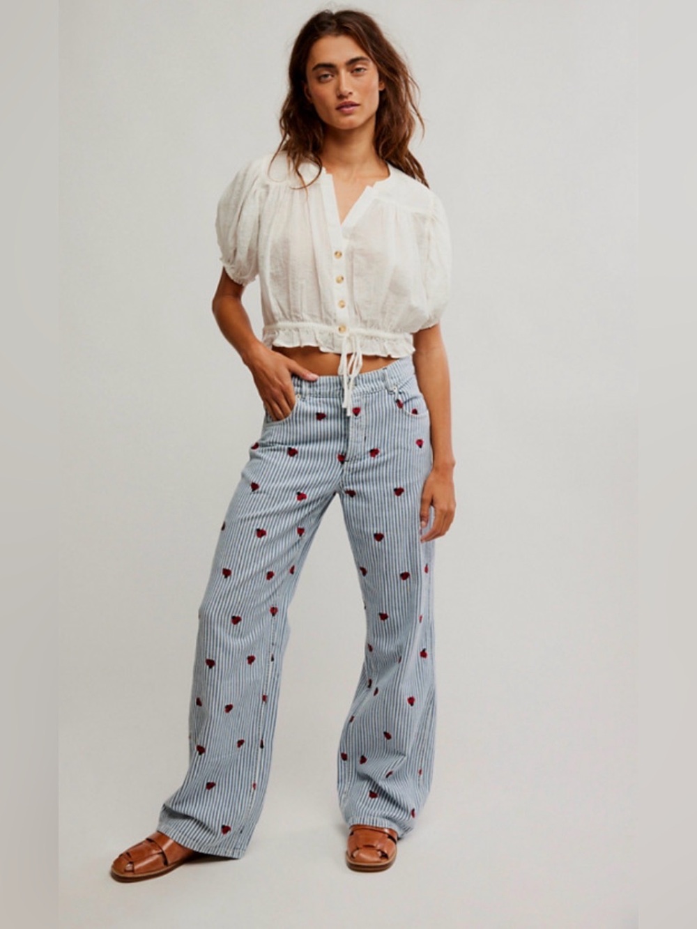 We The Free Free People Bugged out Striped Wide-Leg Jeans with Lady Bug details - Picture 5 of 12